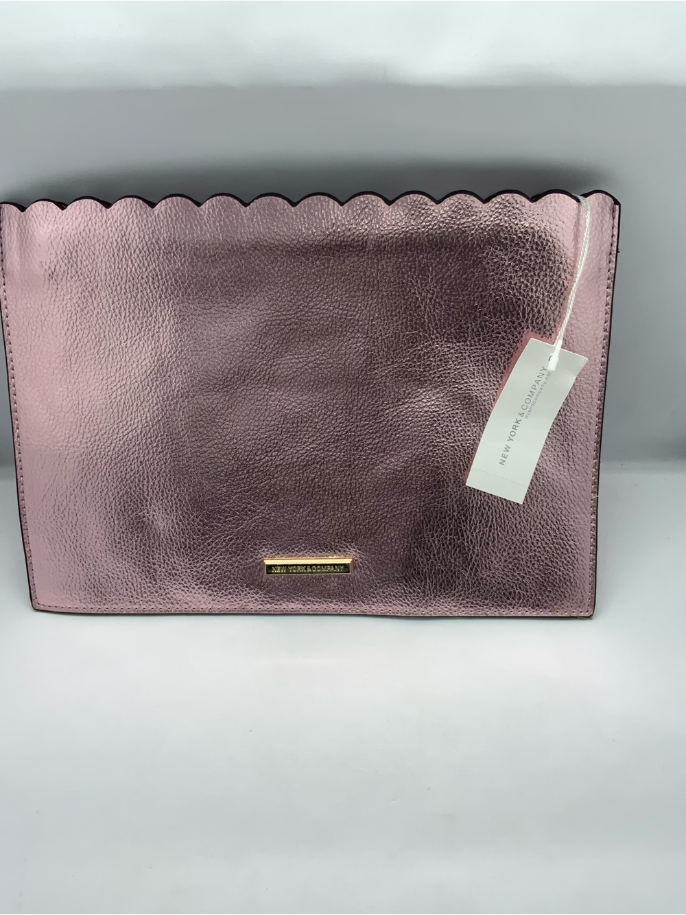 New York & Company Metallic Rose Pink Zip Clutch with Gold Plaque